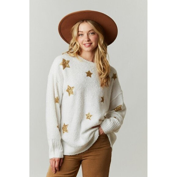 Peach Love California Sweaters - Kimber Sequin Starry Sweater in White